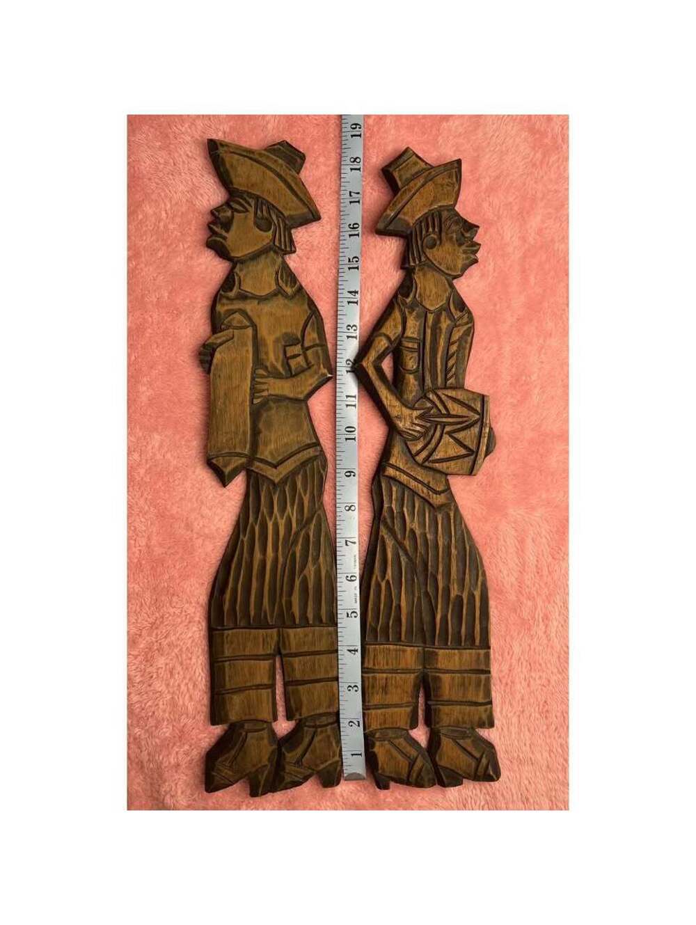 WALL DECOR Lot of 2 Hand Carved Wooden Men in Hats Playing musical Instruments